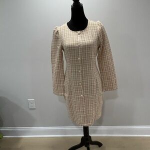 SHEIN Tan Checkered Long Sleeve Dress